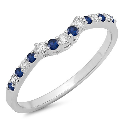0.30 Carat (Ctw) 14K White Gold Plated Round Blue Sapphire & White Diamond Ladies Contour Anniversary Wedding Stackable Band Guard Ring 1/3 CT