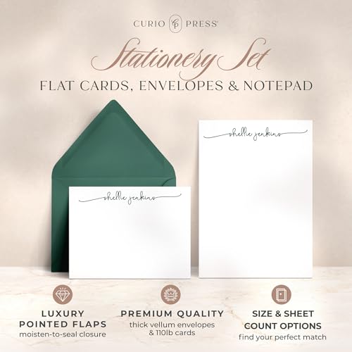 Image of Personalized Stationery Set, A2 Flat Custom Note Cards with Envelopes & Stationary Notepads for Women & Men, Script Font Custom Stationery for Notes, To Do Lists and Gift - Swash Pad & Flat Set
