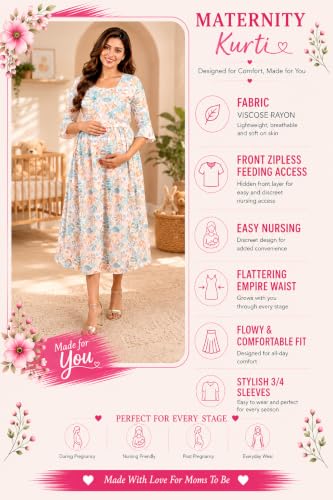 Image of RITIJYA Zipless Feeding Kurta Dress for Women | Maternity Nursing Kurti, No-Zip Easy Access | Extra Pleats Pre to Post Pregnancy | Quick-Dry Fabric | S-4XL