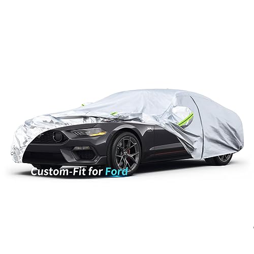 Image of Custom-Fit for Ford Car Cover, 7 Layers Car Cover Waterproof All Weather for Automobiles, Outdoor Full Cover Rain Sun UV Protection with Zipper (for Ford Mustang)