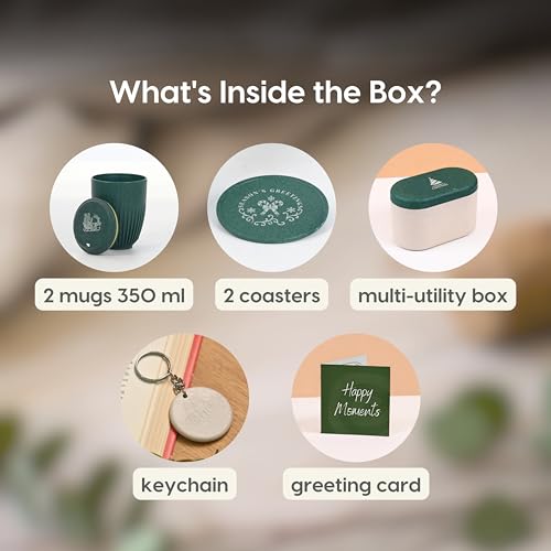 Image of Eha Earth-Friendly Christmas Gifts for Friends and Family | Secret Santa Gifts | Made with Rice Husk | Printed Christmas Mug and Coasters Set of 2, Keychain & Loopac Box | 360 ml | Fern