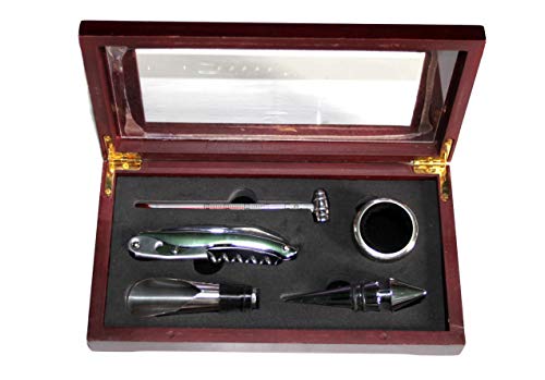 SET PARA VINOS EN ESTUCHE MADERA SACACORCHOS DESCAPSULADOR TERMOMETRO ESCANCIADOR 22,5X12X3,5 CMS