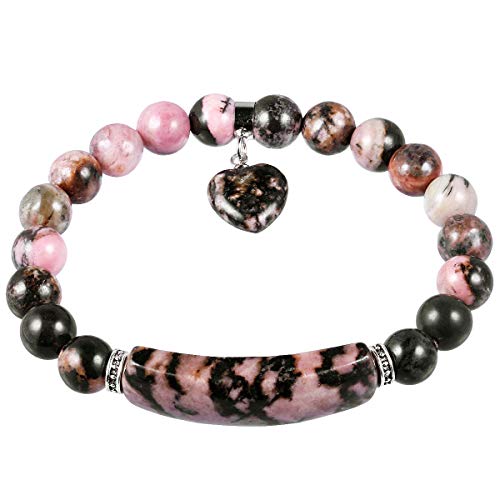 Nupuyai 8Mm Rhodonite Stretch Bracelets For Unisex, Healing Stone Bracelet With Dangle Heart Charm 7" #TOP1