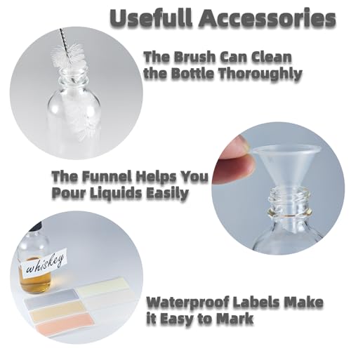 Mini Glass Bottles 2oz with Caps (6 Pack) - Leak Proof Small Shot Bottles for Essential Oils, Travel, Wellness Shots, Liquids (60mL Clear Reusable)