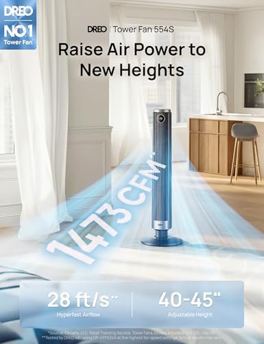 DREO Smart 40”-45” Tower Fan for Bedroom, Adjustable Height, 28 ft/s Velocity, DC Motor, 9 Speeds, 4 Modes, 90°Oscillating, Standing Fan, 20dB Quiet, 12H Timer for Home, Office, Google/Alexa, Black - 1