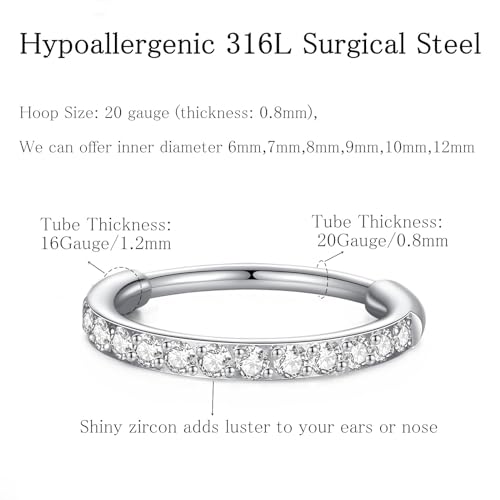 ORANGELOVE 20G 18G 16G Clear CZ Nose Ring Hoop 316L Surgical Steel Seamless Silver Septum Ring Clicker Jewelry Cartilage Earring Ear Piercing Hoop Earrings for Women Men Helix Rook Lobe Conch Tragus Daith Lip Hinged Piercing Jewelry with Cubic Zirconia4