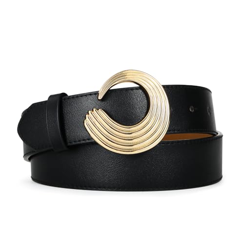 Black Belt For Women with Gold Circle Buckle Stylish Waistband for Jeans, Blazers, Casual and Office