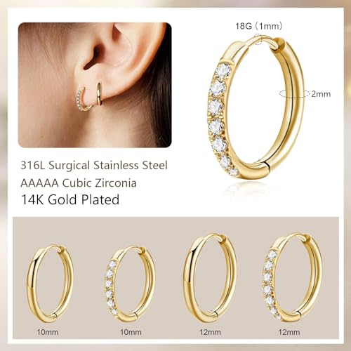 Small Gold Hoop Earrings for Women, Hypoallergenic 14K Gold Plated Stack Cartilage Earrings Multiple Piercing Jewelry Set, Lightweight Tiny Mini Thin Dainty Trendy Nickel-free for Sensitive Ears2