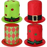 Jenaai 4 Pcs Christmas Top Hats for Adults Bulk, Snowman Top Hat with Square Buckle and Black Belt Diamond Holly and Berries Red Green Xmas Tree Topper Christmas Party Decorations