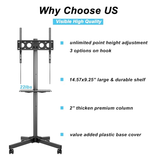 Image of Mobile TV Carts on Wheels for 21-60 Inch Flat /Curved Panel Screens TVs - Height Adjustable Floor Trolley Stand with Shelf Holds up to 77lbs - Max VESA 400x400mm