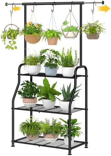 Simple Trending Plant Stand Indoor Outdoor, Heavy Duty Metal 3 Tiered Hanging Plant Shelf for Multiple Flower Planter Holder Tall Large Rack for Living Room Garden Balcony, Black