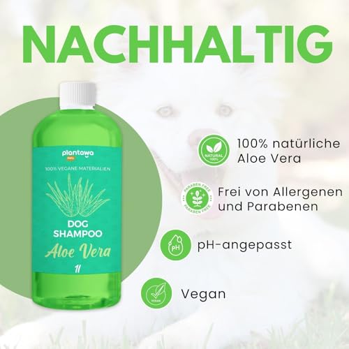 PLANTAWA - Aloe Vera Hundeshampoo 1L | Hundeshampoo für empfindliche Haut und Dermatitis | Anti-Irritation Action Allergenfrei, Parabenfrei, 100% Vegan mit natürlichen Extrakten