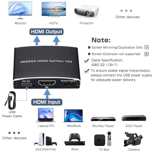 2026 Upgraded 4K@60Hz HDMI 2.0b Splitter 1 in 2 Out, 4K HDMI Splitter Duplicate Only, Support 18Gbps HDCP2.2 HDR 3D Dolby Vision, Compatible with TV Box, PS5, DVD Player by Wonlyus - Image 2
