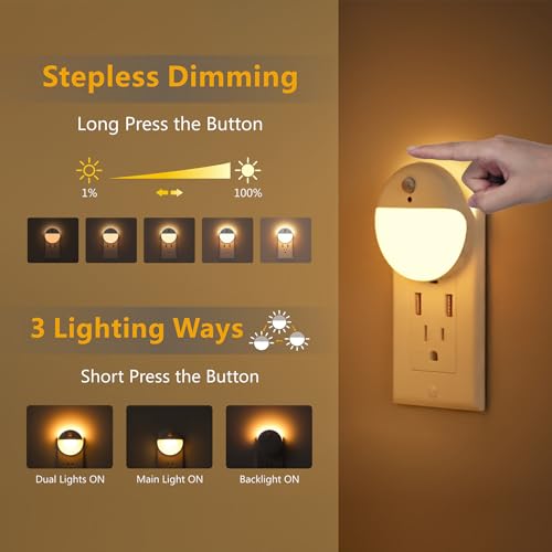 Image of YUNLEX 2 Pack Plug in Night Light with Motion Sensor and Dusk to Dawn Sensor, Stepless Dimming, Warm White LED Nightlight with 3 Lighting Ways for Bathroom, Bedroom, Kitchen, for Kids, Adults