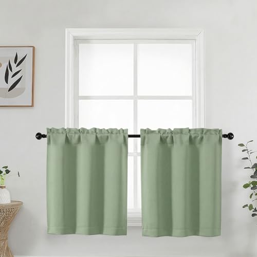 WelvetBLK Light Green Blackout Curtains 24 Inch Long 2 Panels for Bathroom