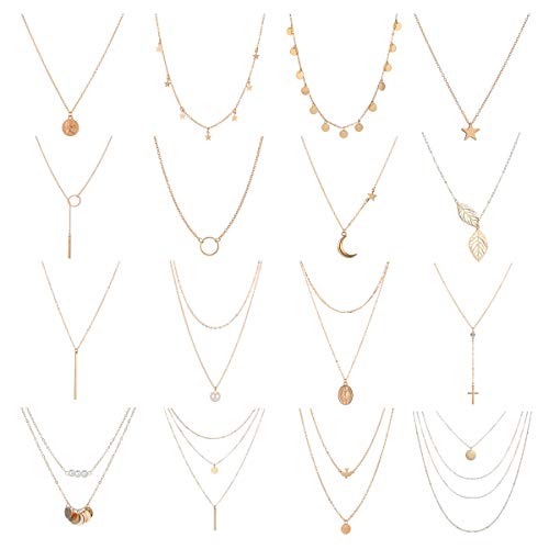 Gold Necklace for Women Dainty Long Necklace Pendant Layered Choker Necklace for W omen Handmade Chain Necklace 16Pcs