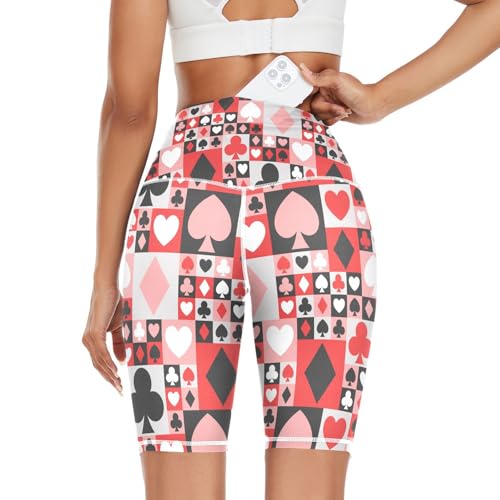 Aflyko Valentines Women Compression Pants Poker Fun Heart Stretchy Yoga Leggings Athletic Bikers Bottoms Wide Waistband Cycling Running Shorts, M Multi