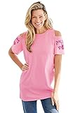 Woman Within Plus Size Short-Sleeve Cold-Shoulder Tee - 26/28, Delicate Pink Rose Embroidery