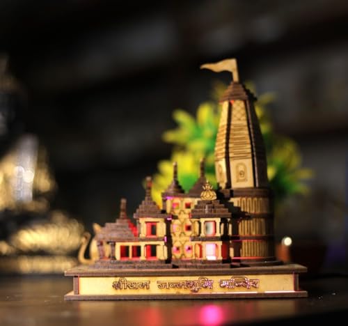 Image of mosey Ram Mandir Ayodhya Model Wwth Light | Sri Ram Janmabhoomi Wooden Temple With Led Light | Rammandir Wood 3D Model | Shri Ram Mandir 3D Wood Temple | Size 4 Inches