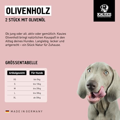 Kauies Olivenholz Kaustab für Hund mit Olivenöl - 100% natürlich, vegan & kalorienfrei - langelebiges Hunde-Spielzeug aus schadstoffgeprüftem Holz, Made in Germany, Größe L bis 30 kg (2er Pack)