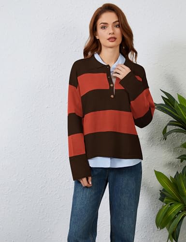 Image of Womens Striped Sweater Rugby Polo Shirts Y2k Collar Pullover Tops | Rugby Shirt,Long Sleeve Knit Top,Lapel V Neck Jumper,Oversized,Casual Outings Streetwear,Preppy Sweater,Fall Winter Clothes