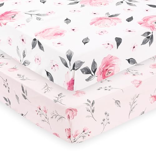 Image of PHF Soft Crib Sheet Fitted, 2 Pack Baby Sheets for Girls, 28x52x9in Fits Standard Crib and Toddler Mattresses, Silky Comfy Breathable Polyester Baby Mattress Sheets, Pink Floral