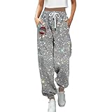 [TXWZM] クリスマス パンツ レディース ジャージ 下 フィットネス ダンス 衣装 コスプレ トナカイ サンタ ツリー 雪だるま 雪の結晶 総柄 スウェットパンツ スポーツ カジュアル ゆったり ズボン ウエスト 調整 縮める ボトムス 秋冬 春夏(シルバー,M)