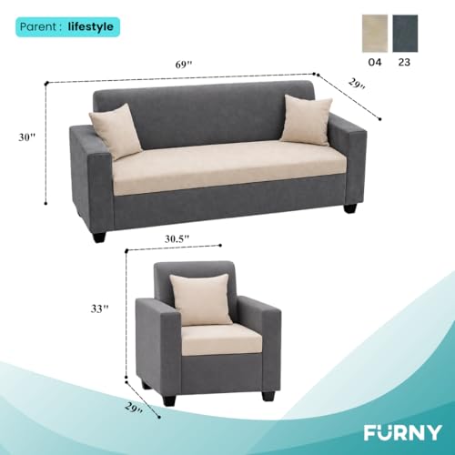 Image of FURNY QualityWood 3 Seater + 1 Seater + 1 Seater Fabric Sofa Set (Cream-Dark Grey) with Velvet Finish | Durable Comfort | Ideal for Living Room