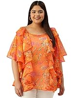 theRebelinme Plus Size Women's Orange Floral Printed Ruffled Detail Top(XXXXXL)