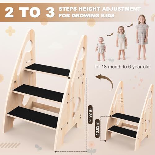 Toddler Step Stool, Wooden Height-Adjustable 3-Step Stool for Kids, Potty Training Stool with Handles and Non-Slip Pads for Bathroom Sink, Kitchen, Bedroom - Image 5