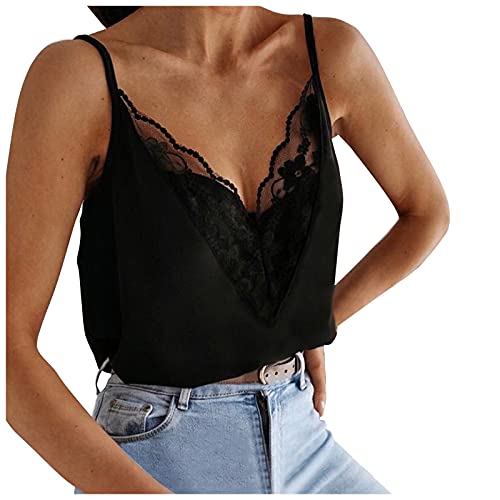 NaLatia Spaghetti Top da Donna Nero in Pizzo, Canottiera Intima Pizzo, Senza Maniche, con Scollo V, Elegante, Estiva, Morbida, Elasticizzata, Camisole