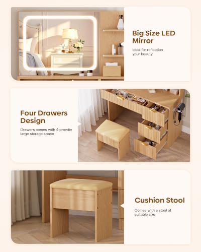 Image of LIVELYGLOW 35.4 inch Wooden Makeup Vanity Set with Charging Station & Stool | Smart LED Mirror, Fluted Design, Cushioned Stool, Hairdryer Rack