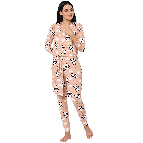 Image of Sweet Dreams Women Printed Lapel Collar 3 /4th Sleeve Poly Brush Robe, Slip & Pyjama Set
