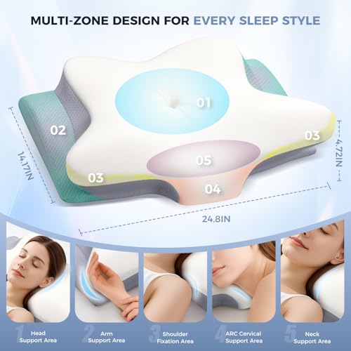 Cervical Neck Pillow, Memory Foam Pillows for Neck and Shoulder Pain Relief, 2 Heights Ergonomic Pillow with Breathable Ice Silk Cover, Neck Support Pillow for Side Back Stomach Sleepers, Odorless