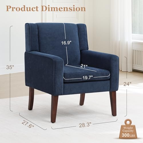 Image of Accent Chairs for Living Room, Mid-Century Reading Chair with Wood Legs, Upholstered Comfy Living Room Chair for Bedroom, Apartment, Waiting Room, Blue
