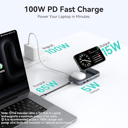 Image of MOKiN USB C Hub with 15W Qi2 Wireless Charger, Laptop Docking Station to 4K HDMI, 100W PD, 10Gbps Ports, 15W+5W Wireless Charging Stand for iPhone 16 /15 /14 /13 & Airpods, USBC Dock for MacBook /Windows