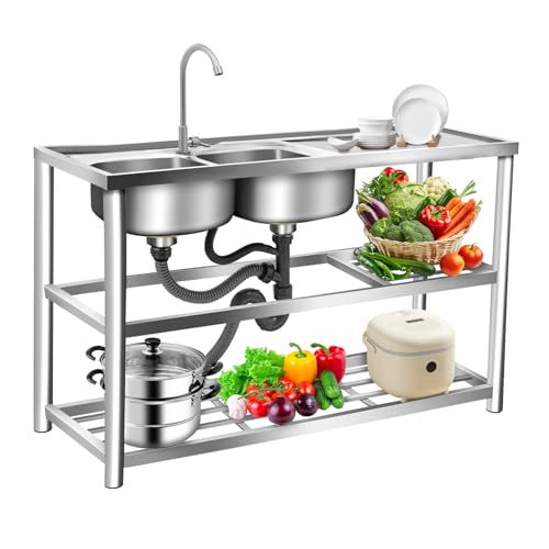 Eleeferri Stainless Steel Sink Double Bowl Utility Sink with Workbench, Drainage Kit, Floor Standing Commercial Restaurant Kitchen Prep Table 2 Washing Basin Large Outdoor Sinks Set with Water Pipe