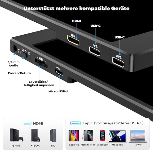 HONGO Portable Monitor 15,6 Zoll, FHD 1080P Tragbares IPS Bildschirm, HDR 100% sRGB Externer Laptop Screen Erweiterung, USB‑C, HDMI Stereolautsprecher inkl. Halterung für Laptop, PC, Mac, PS5, Xbox 5