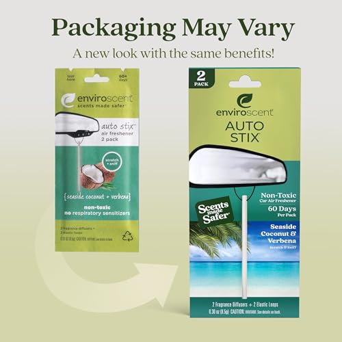 Image of Enviroscent Non-Toxic* Car Air Freshener Auto Stix - Scents Made Safer - Enjoy Fragrance Lasts Up to 480 Days - Includes Auto Stix Diffusers & Elastic Loops - Seaside Coconut & Verbena (Pack of 8)