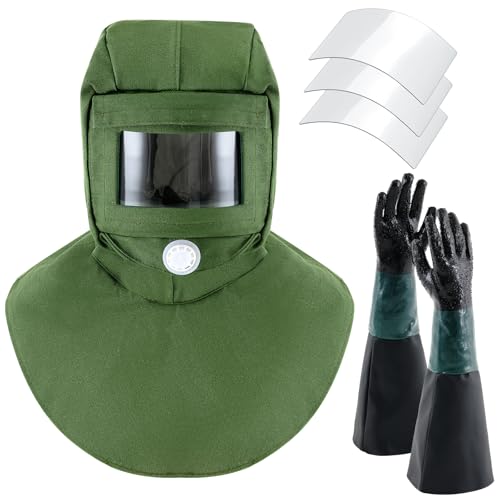 Image of 5 Pcs Shawl Cap Sandblasting Mask Set 1 Sand Blasting Hood Cap with 23.6 inch Blast Gloves and 3 Sandblasting Hood Replacement Lens Glass for Polishing Painting Dusting Grinding Abrasive Cabinet
