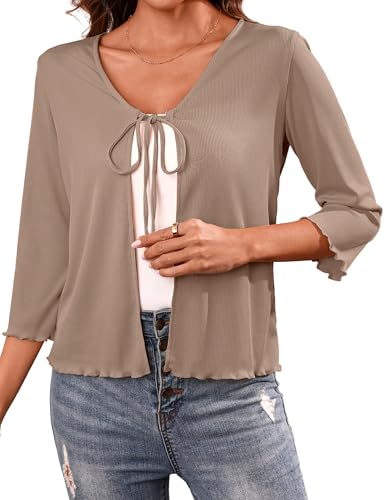 Image of Aiboria Women's Tie Front Shrug 3 /4 Sleeve Ribbed Bolero Lightweight Cropped Cardigan S-XXL