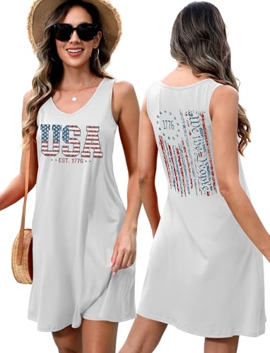 Image of LHBNK 4th of July Dress for Women: American Flag Tank Dresses Star Striped Splicing Loose V Neck Sundresses