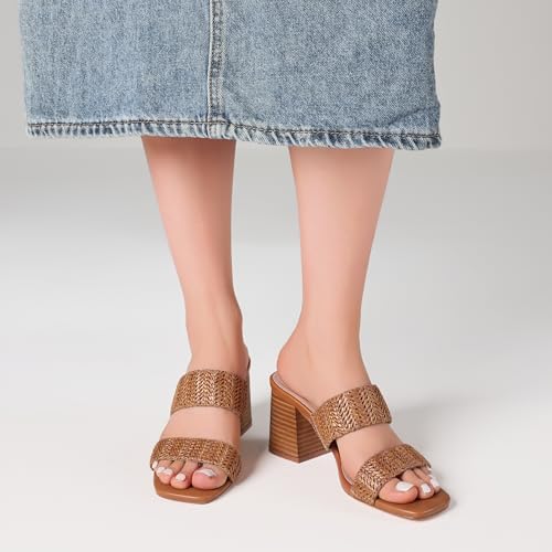 Image of Ancomafio Heeled Sandals for Women Raffia Sandals 2025 Chunky Block Heels Square Open Toe Heels Double Strap Summer Dressy Shoes Slip On