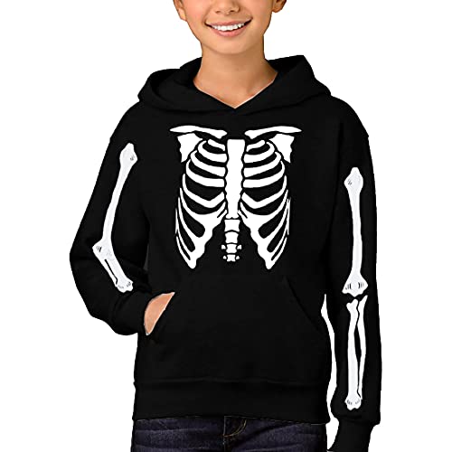 Remimi Kids Halloween Skeleton Hoodie Pocket Long Sleeve Black Graphic Printed Pullover Sweatshirt 13-14 Years