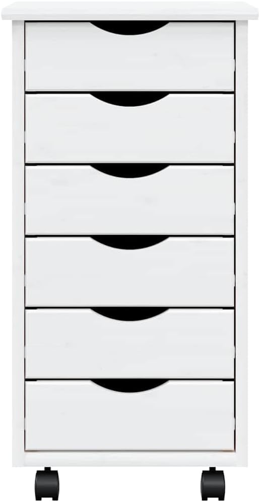 White Rolling Cabinet with 6 Drawers, Solid Pine and Engineered Wood Construction, Mobile Storage Unit with Smooth Finish for Home Office Organization