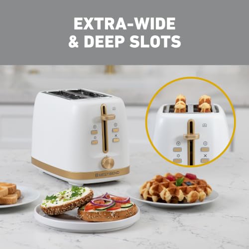 Image of West Bend Timeless 2-Slice Toaster with 7 Browning Levels, Bagel /Waffle /Defrost Settings, High-Lift Lever, Anti-Jam, Easy-Clean Crumb Tray, 2-Slice, White /Gold