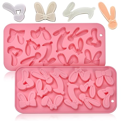 Moldes de silicona para huevos de Pascua, 2 unidades, diseño de orejas de conejo, chocolate para decoración de pasteles, decoración de cupcakes, pasta de goma de mascar, color rosa