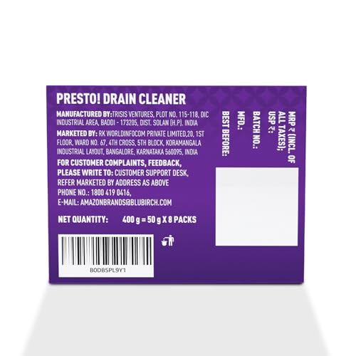 Image of Amazon Brand - Presto! Drain Cleaner Powder | 400 Gram | 50g x 8 Packs | Removes Blockages | Breaks Down Grease and Hair | Fast Acting Formula | Drainpipe Safe | Easy Application