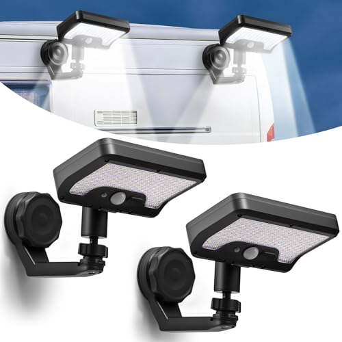 Magnetic Solar Lights Outdoor with Motion Sensor USB & Solar Powered RV Exterior Lights with 92 LEDs (600 LM 6000 K) IP65 Waterproof Solar Fence Lights for Awning Camper Garage Porch (2 Pack)