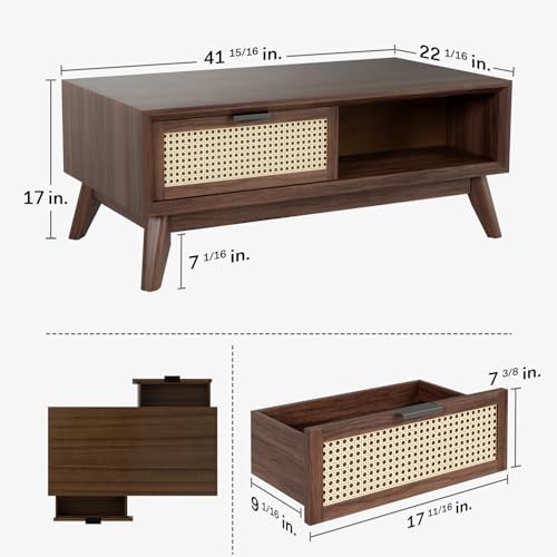 Image of Bme Modern Solid Wood Coffee Table with Storage, Accent Rattan Design, Perfect for Living Room, Walnut, Medium